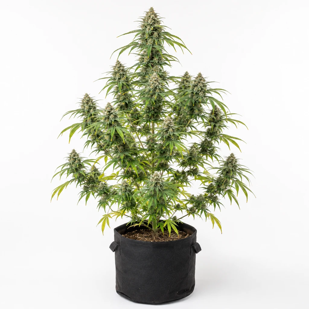Ilustración de una planta de cannabis en floración, en maceta negra con asas, para la ficha de KC 33 Regular de KC Brains Holland.