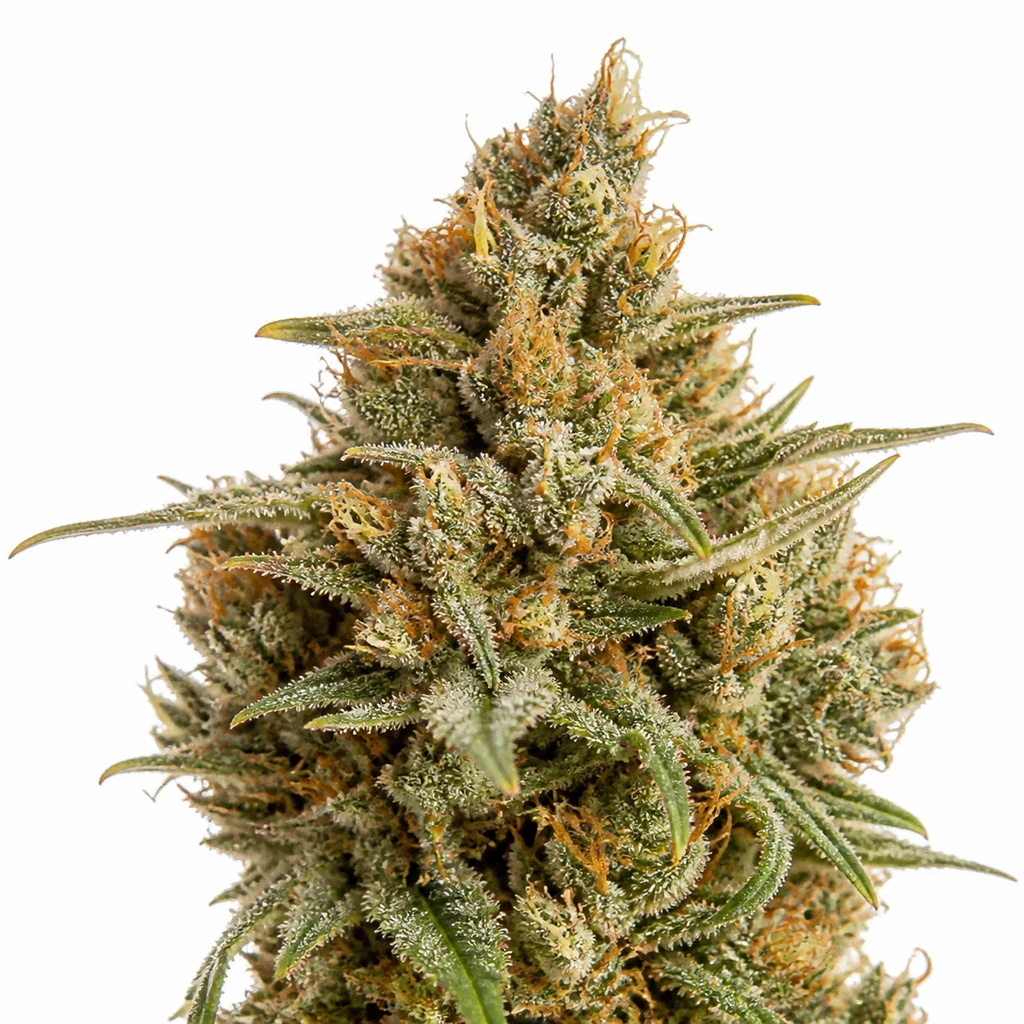 Ilustración de un cogollo alargado con hojas verdes y pistilos anaranjados para la ficha de Golden Tiger Regular de ACE Seeds.