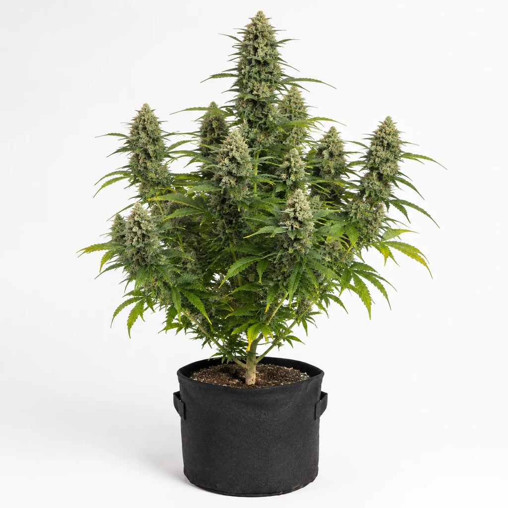 Ilustración de una planta de cannabis en maceta negra, con cogollos alargados, para la ficha de White Diesel Haze Automatic de White Label.