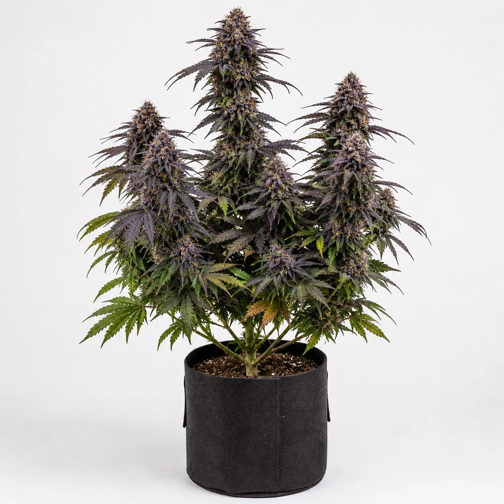 Ilustración de una planta en floración con hojas verdes y moradas en maceta negra para la ficha de Black Water Feminizada de The Cali Connection.