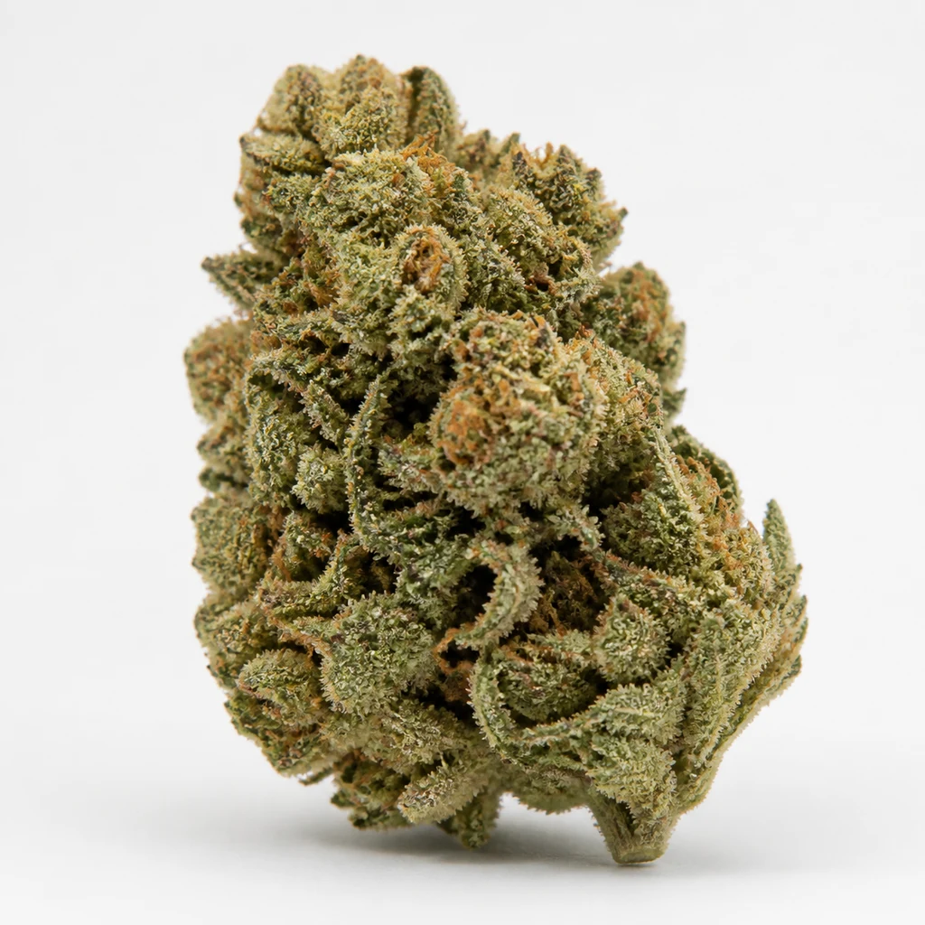 Ilustración de un cogollo verde con filamentos anaranjados y superficie granulada para la ficha de White Lemon Feminizada de Strain Hunters.