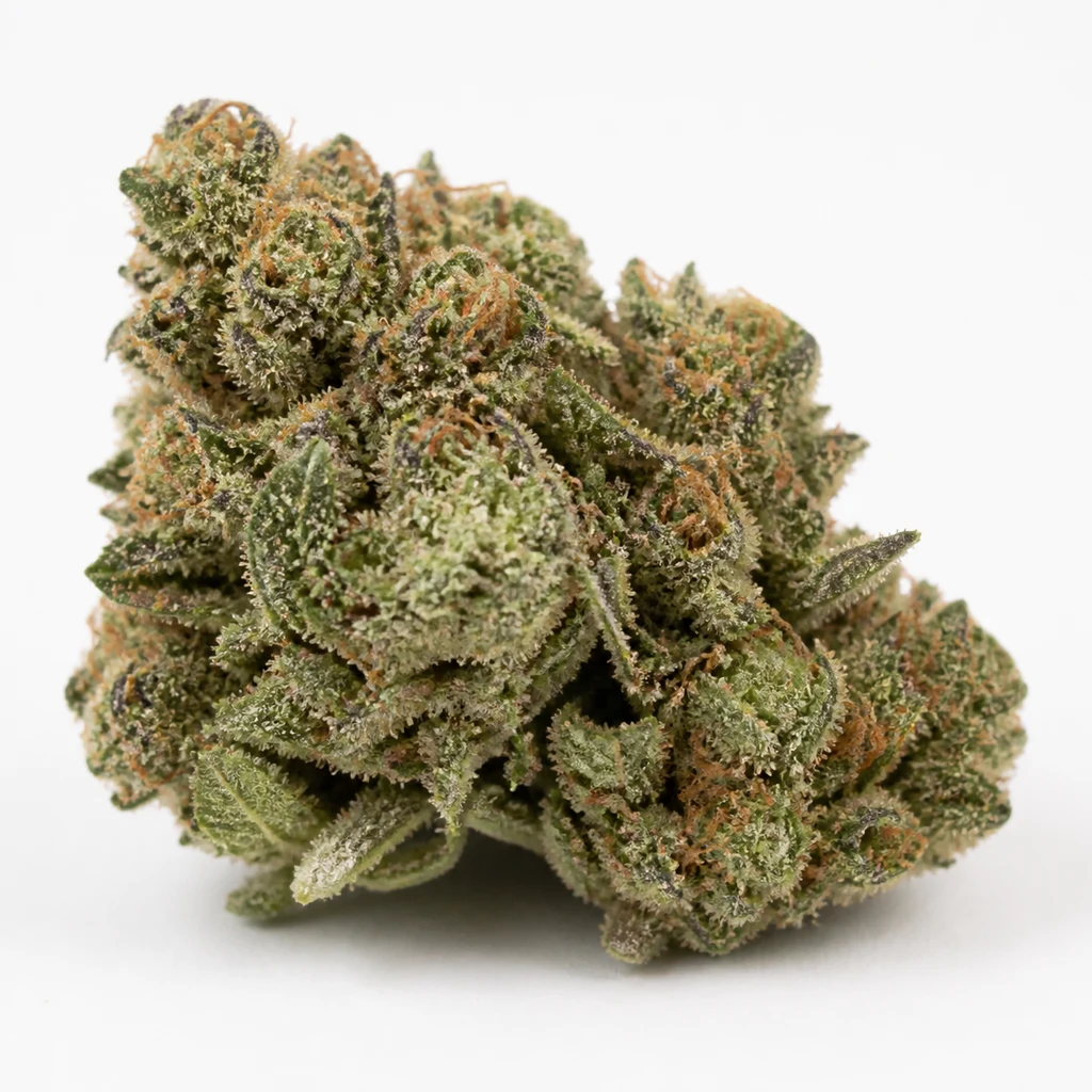 Ilustración de un cogollo compacto con tricomas claros y pistilos naranjas para la ficha de White Strawberry Skunk Feminizada.