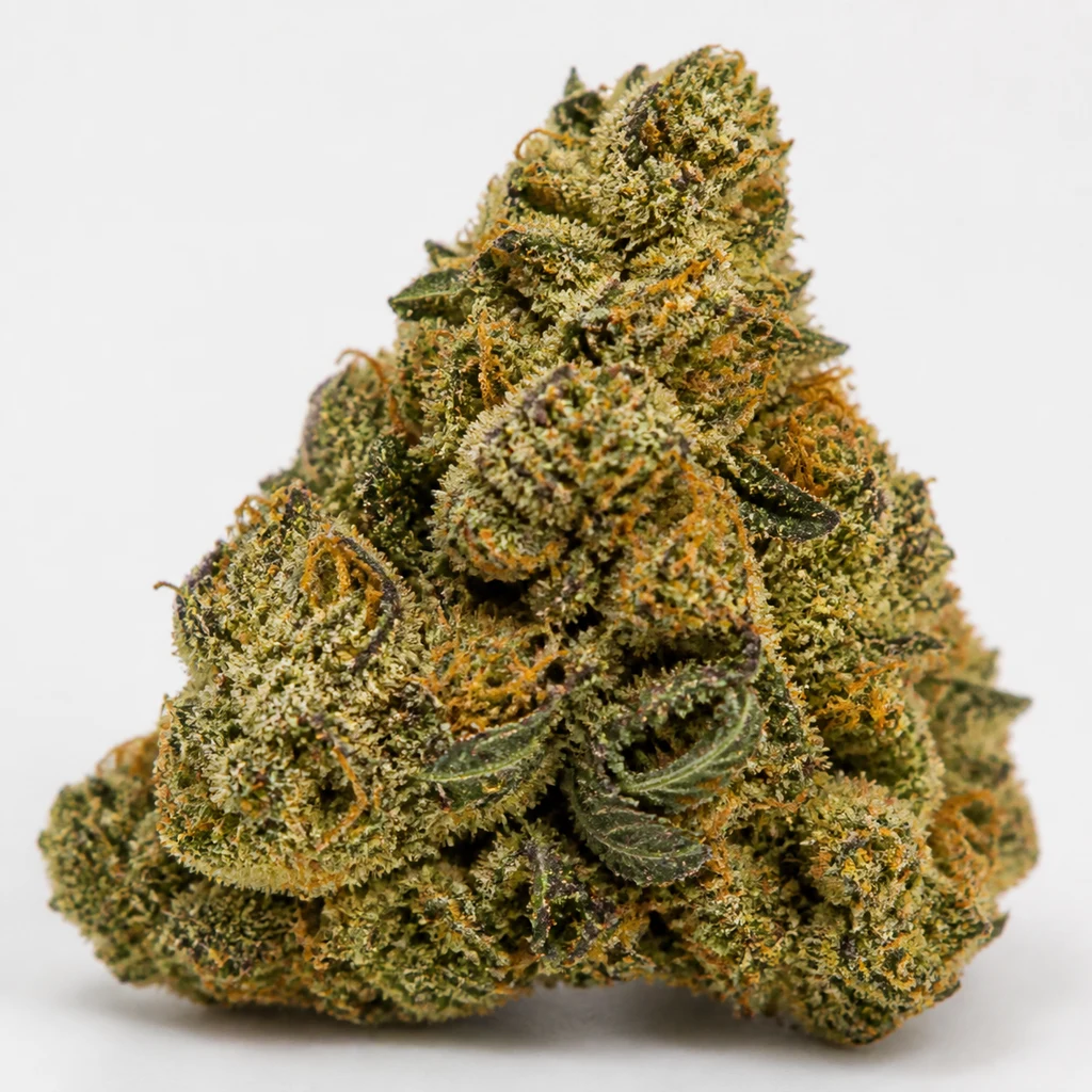 Ilustración de un cogollo cónico con hojas verdes y filamentos naranjas para la ficha de Caramel Kush Feminizada de 00 Seeds.