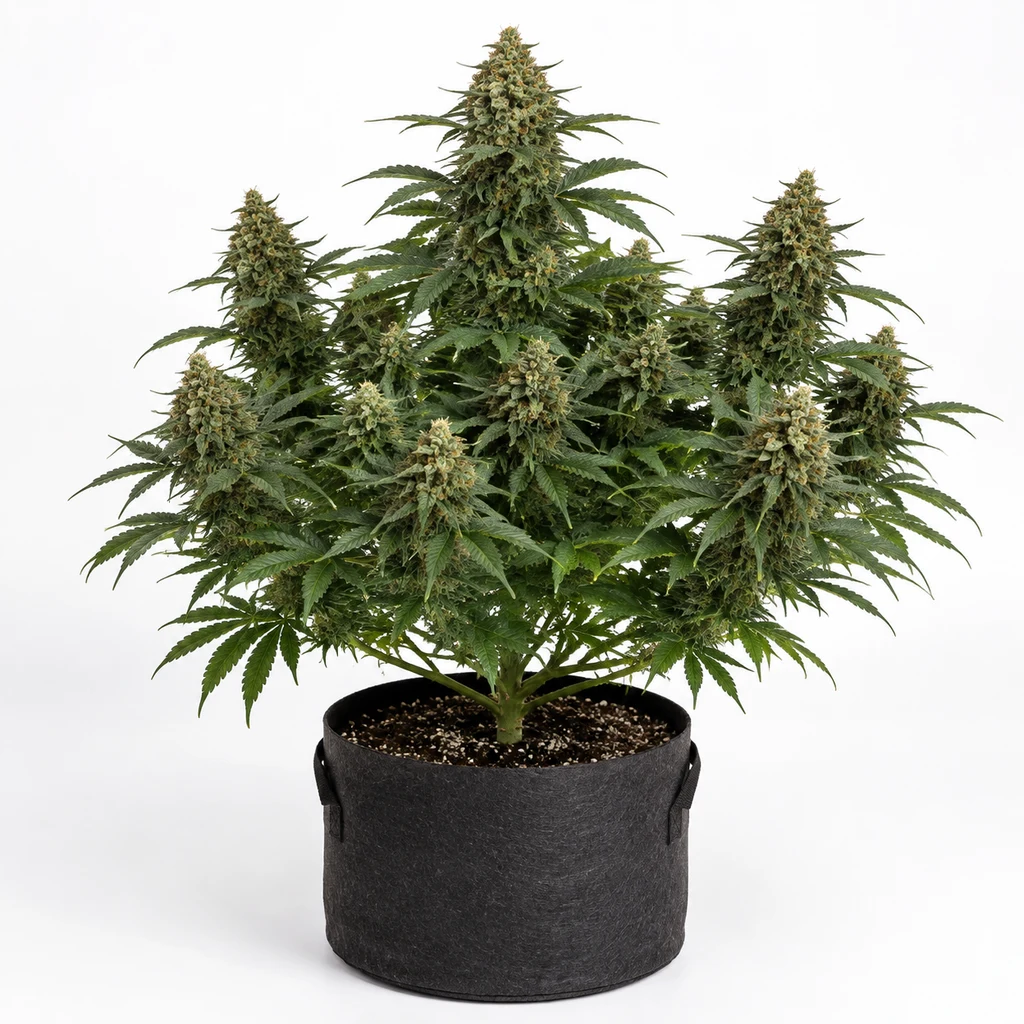 Ilustración de una planta de cannabis con abundantes flores y maceta gris para la ficha de Afghan Kush CBD Feminizada.