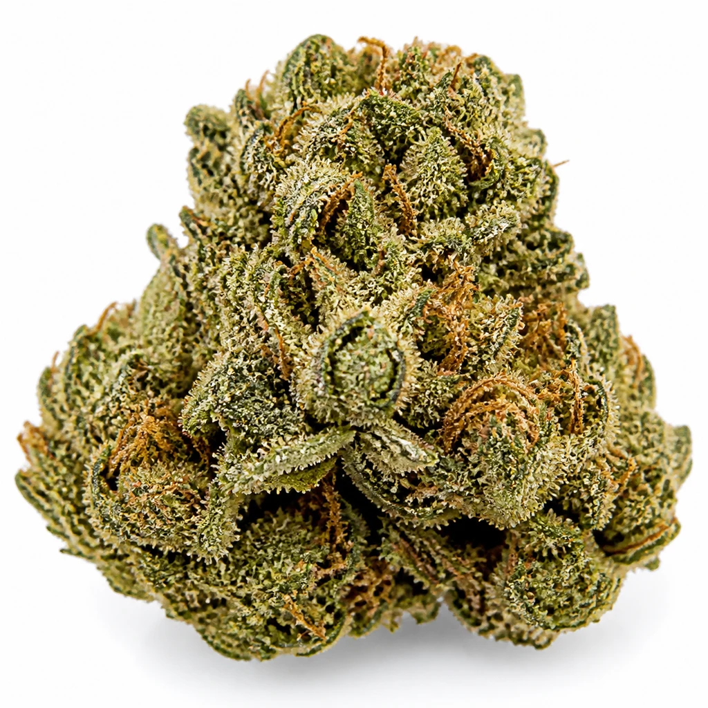 Ilustración de un cogollo verde con filamentos anaranjados para la ficha de OG Kush Auto de Humboldt Seeds Organization.