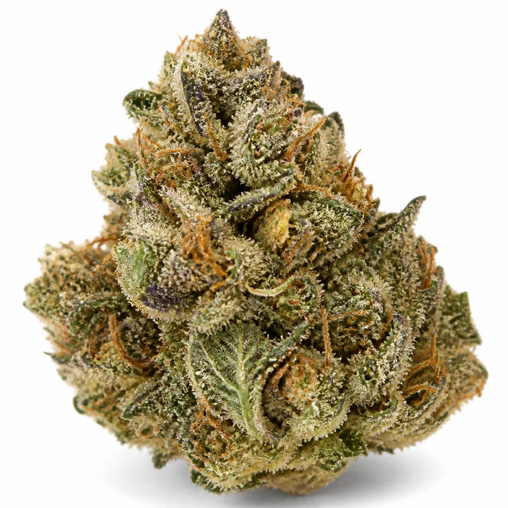 Ilustración de un cogollo verde con tonos morados, filamentos naranjas y cobertura blanquecina para la ficha de Gorilla Cookies Feminizada.