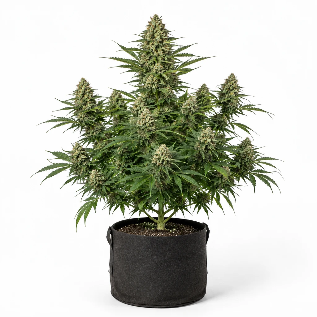 Ilustración de una planta en floración para la ficha de Gorilla Cookies, con abundantes cogollos en maceta negra sobre fondo blanco.