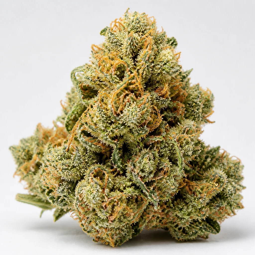 Ilustración de un cogollo verde con filamentos anaranjados y cubierta blanquecina para la ficha de Pineapple Express Auto de Fast Buds.