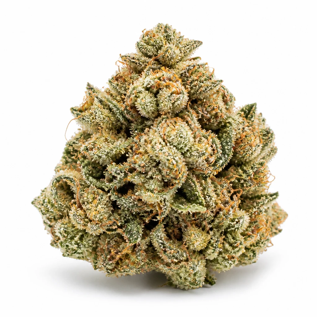 Ilustración de un cogollo verde ancho, con filamentos anaranjados y cobertura blanquecina, para la ficha de Grapefruit Feminizada de Bulk Seeds.