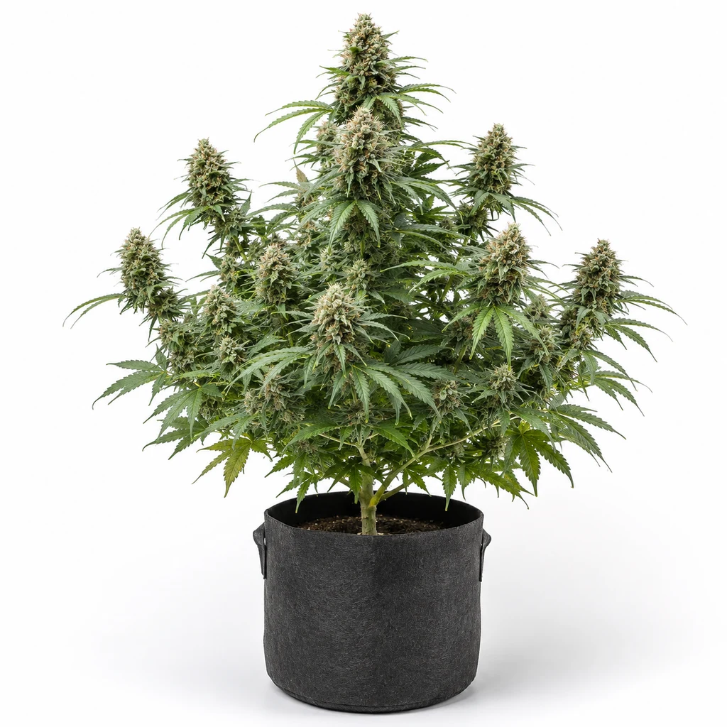 Ilustración de una planta de cannabis con flores y hojas verdes en maceta negra para la ficha de Marley's Bud Feminizada.