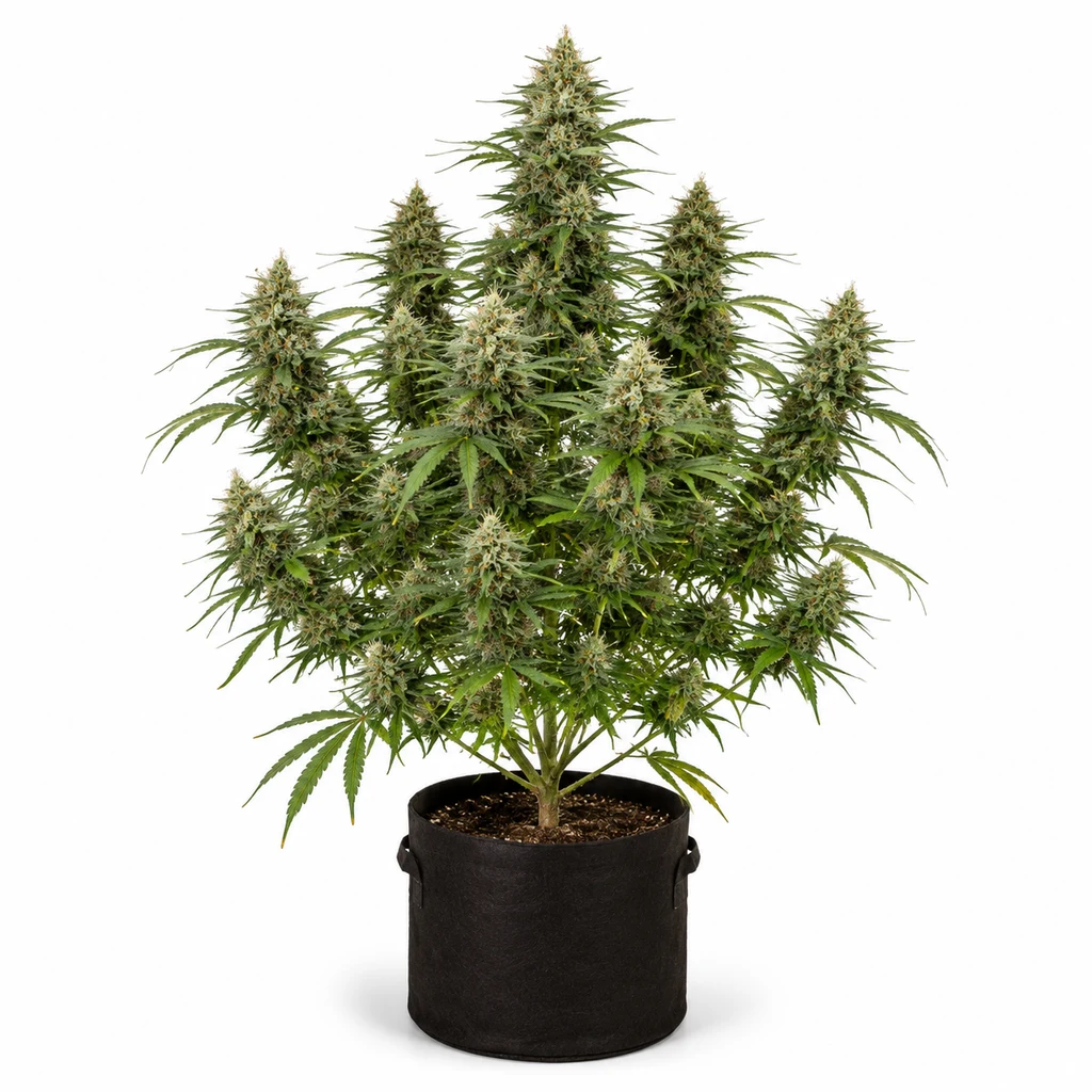 Ilustración de una planta de cannabis en maceta negra, con flores alargadas, para la ficha de Sour Diesel Feminizada de Bulk Seeds.