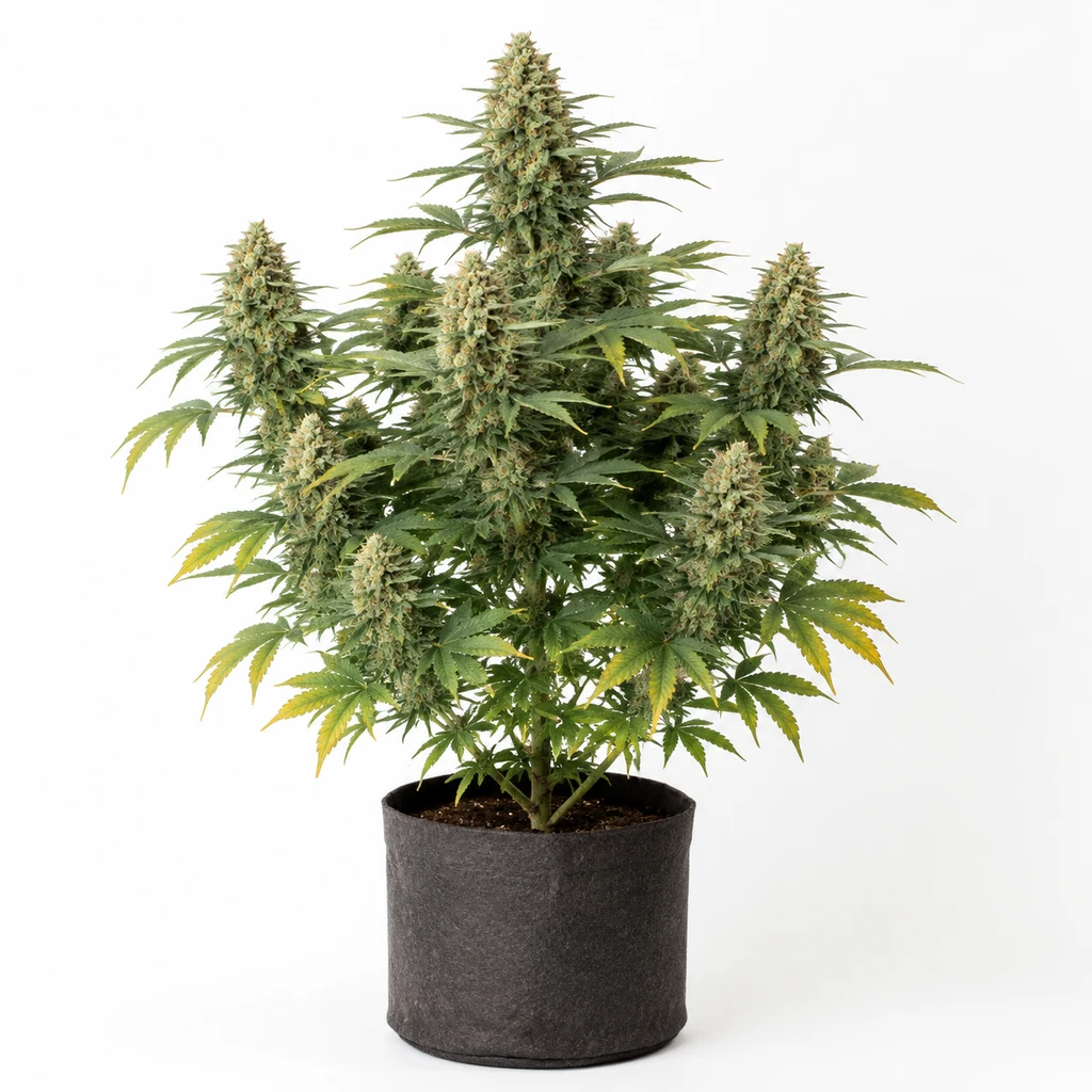 Ilustración de una planta en floración en maceta oscura, con varios cogollos alargados, para la ficha de Sweet Cheese F1 Fast Version®.