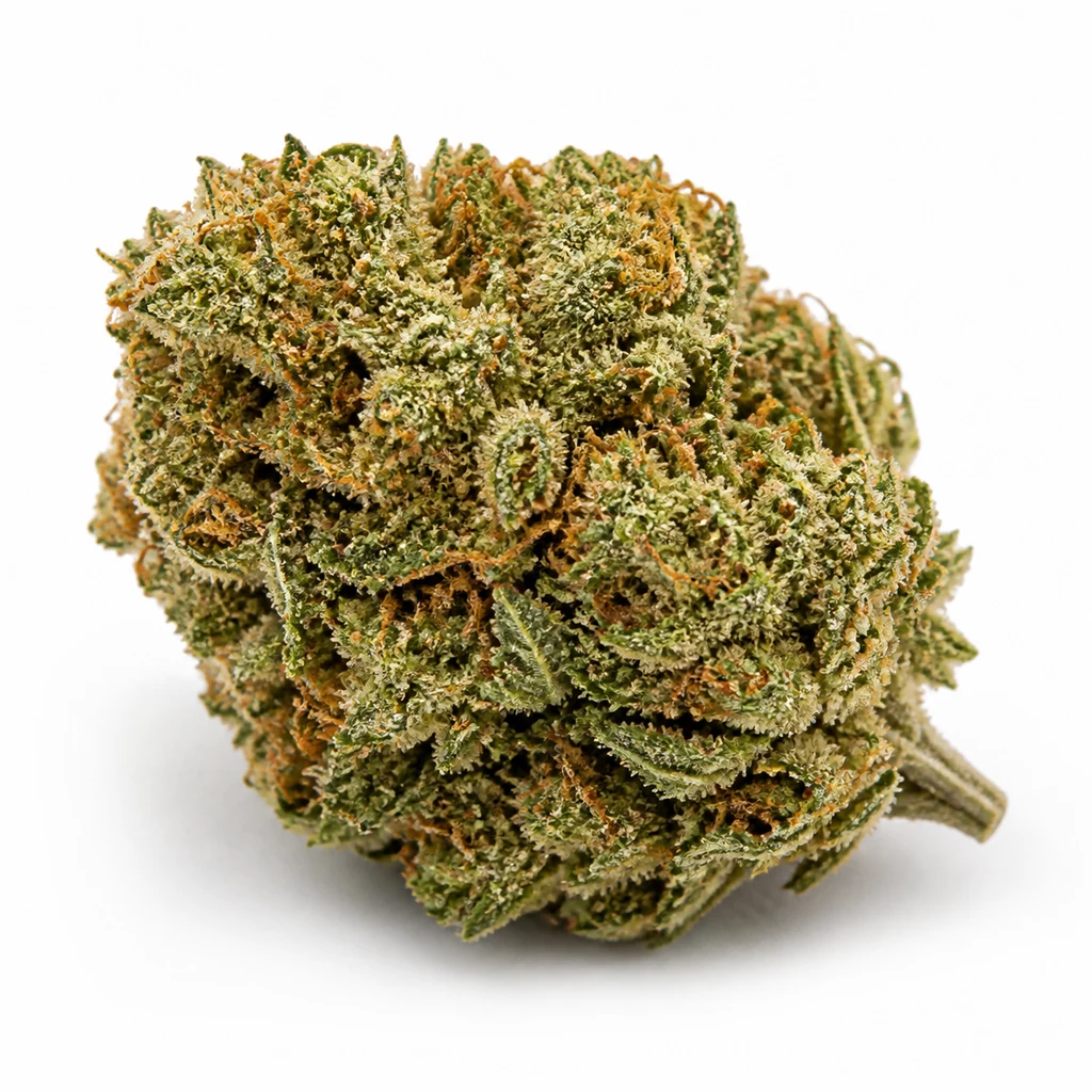 Ilustración de un cogollo redondeado con pistilos anaranjados y tallo lateral para la ficha de Blueberry Cheese Auto.
