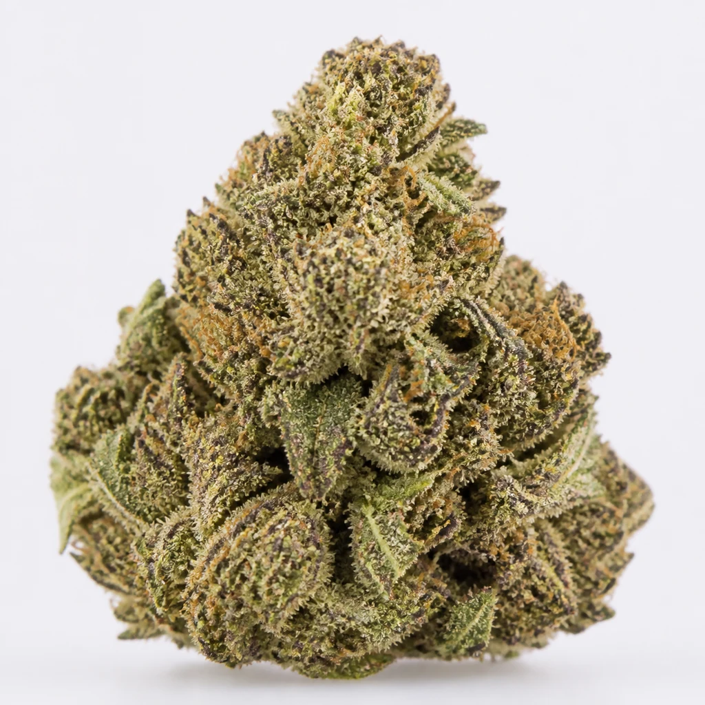 Ilustración de un cogollo compacto con hojas verdes y moradas y pistilos anaranjados para la ficha de Chocolate Haze Feminizada de Royal Queen Seeds.