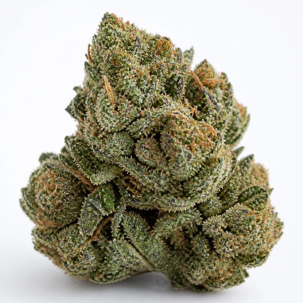 Ilustración de un cogollo para la ficha de Ice Regular de Nirvana Seeds, con hojas verdes, filamentos naranjas y cobertura blanquecina.