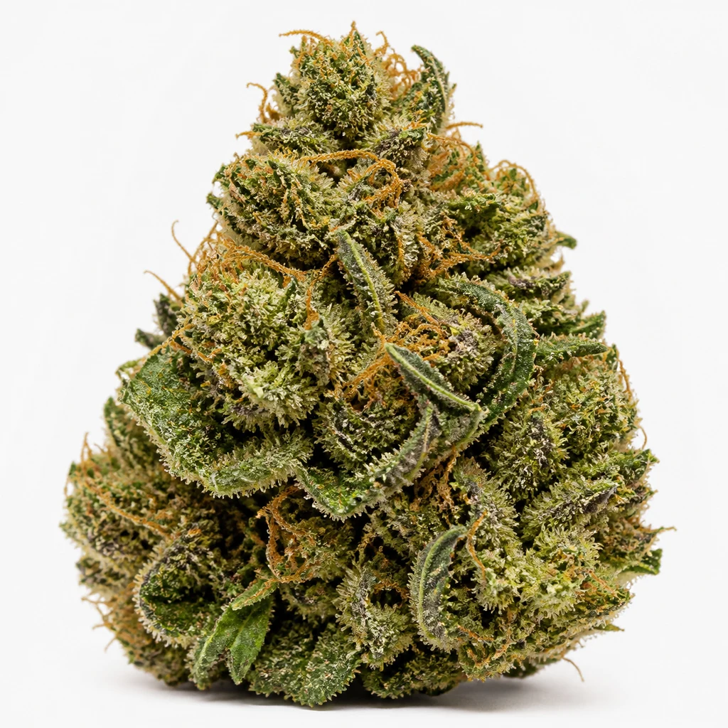 Ilustración de un cogollo verde con filamentos anaranjados y superficie cubierta de tricomas para la ficha de Pure Power Plant Feminizada.
