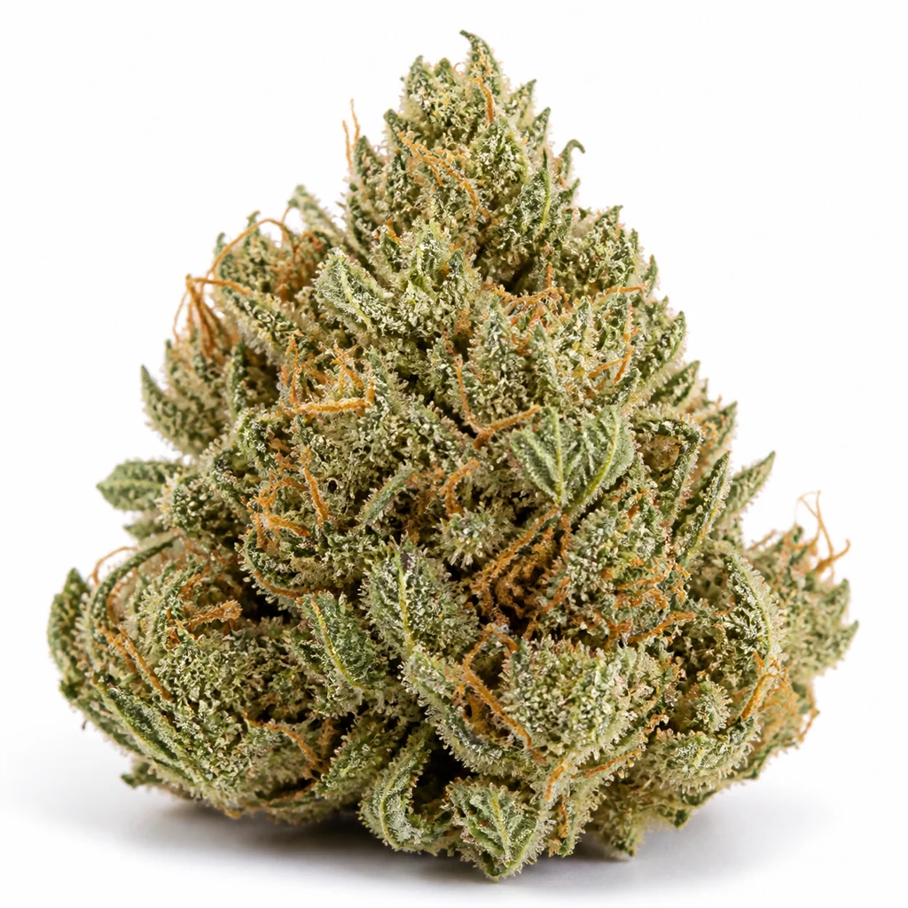 Ilustración de un cogollo cónico con hojas puntiagudas y pistilos naranjas para la ficha de Super Lemon Haze Auto – Green House Seeds.