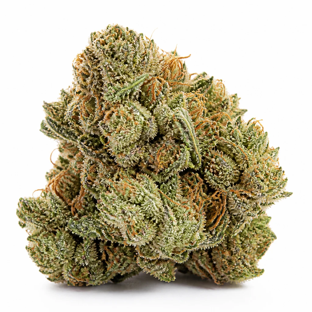Ilustración de un cogollo compacto verde con filamentos naranjas y cobertura blanquecina para la ficha de Green Crack Auto, sobre fondo blanco.