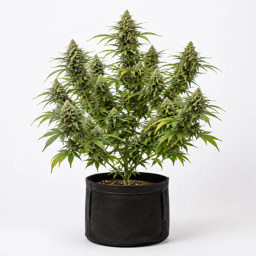 Ilustración de una planta con varias colas florales en maceta negra para la ficha de Green Crack Auto de Fast Buds.