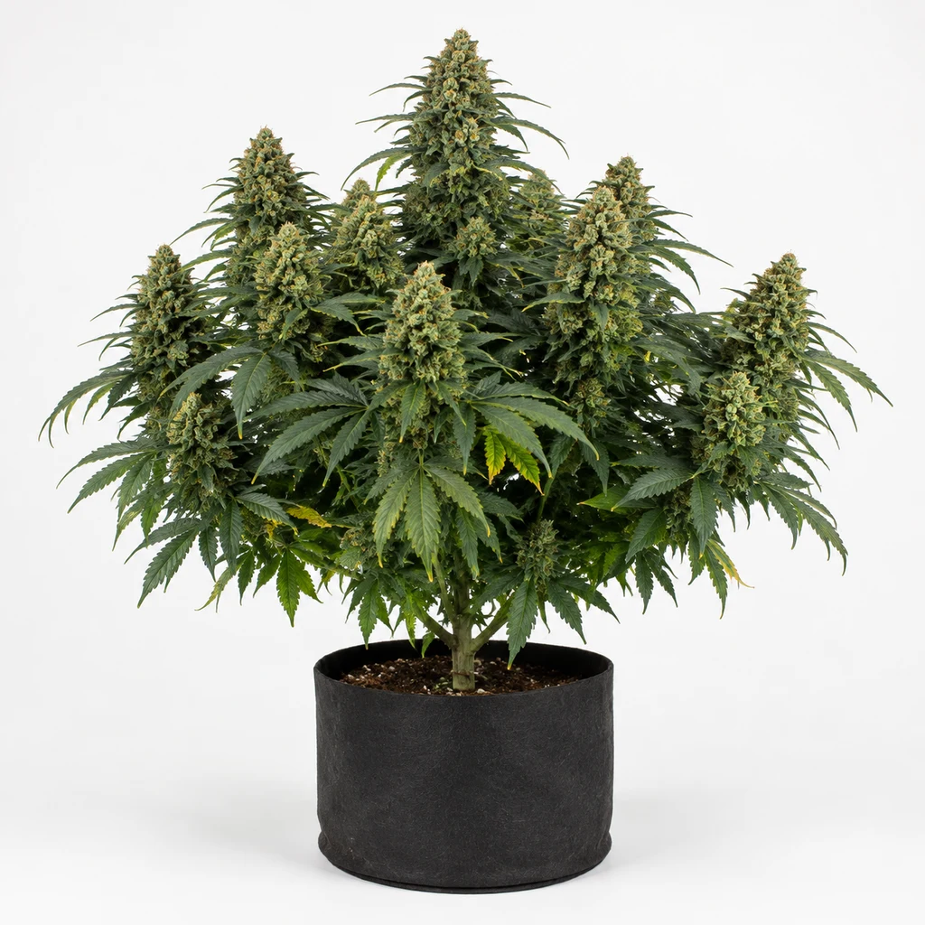 Ilustración de una planta compacta con cogollos voluminosos en maceta negra para la ficha de KO Kush Feminizada.