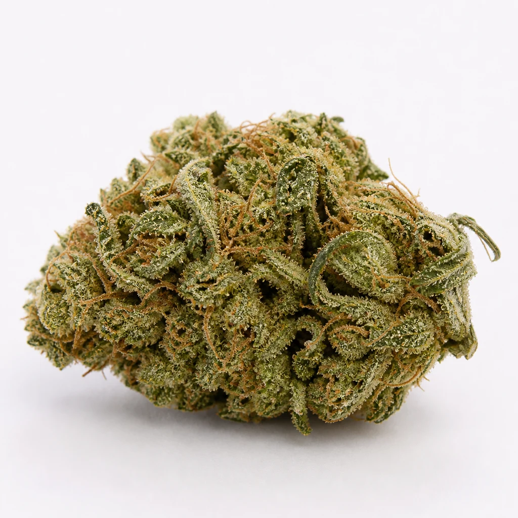 Ilustración de un cogollo para la ficha de California Kush Auto, con hojas verdes curvadas, filamentos anaranjados y tricomas sobre fondo blanco.