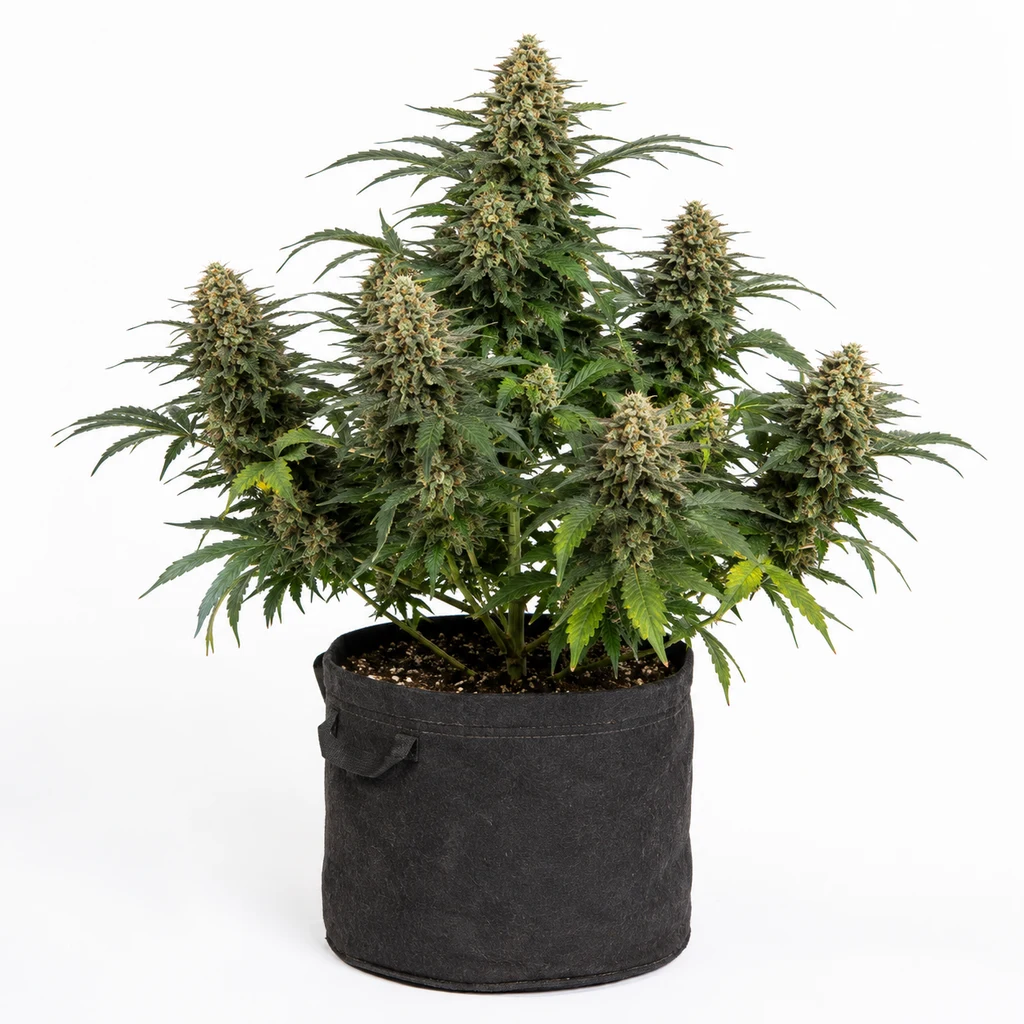 Ilustración de una planta en floración para la ficha de Chocolate Mint OG 2.0, con varias colas y maceta negra sobre fondo blanco.