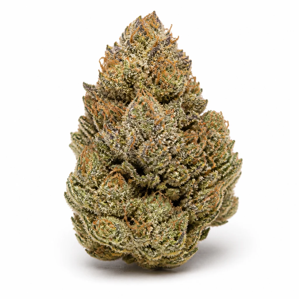 Ilustración de un cogollo para la ficha de Girl Scout Cookies Auto, de forma cónica, con tonos verdes y filamentos naranjas sobre fondo blanco.