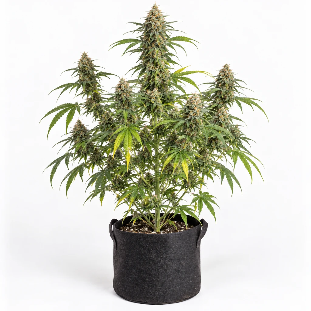 Ilustración de una planta de cannabis ramificada y en floración, en maceta negra, para la ficha de Think Fast Feminizada.
