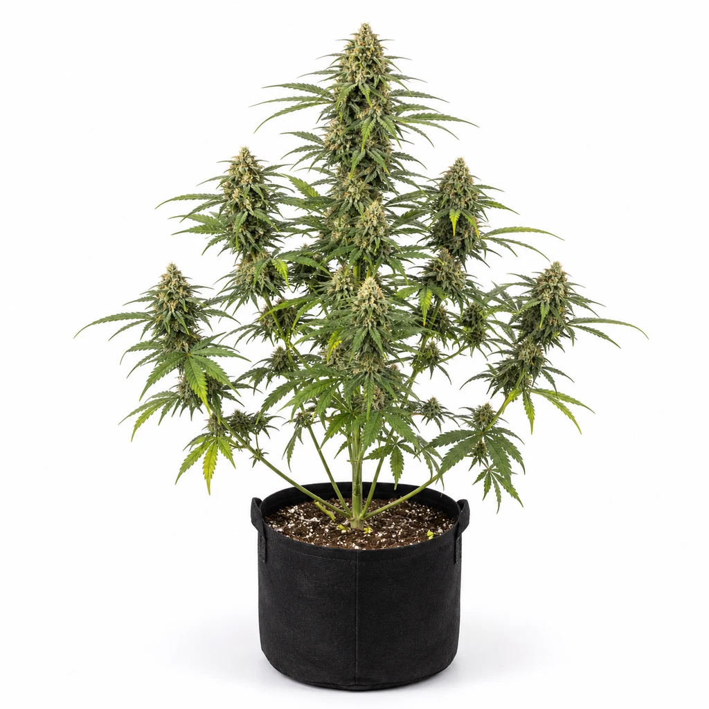 Ilustración de una planta de cannabis en floración en maceta negra, sobre fondo blanco, para la ficha de Chocolopez Feminizada de Blimburn Seeds.