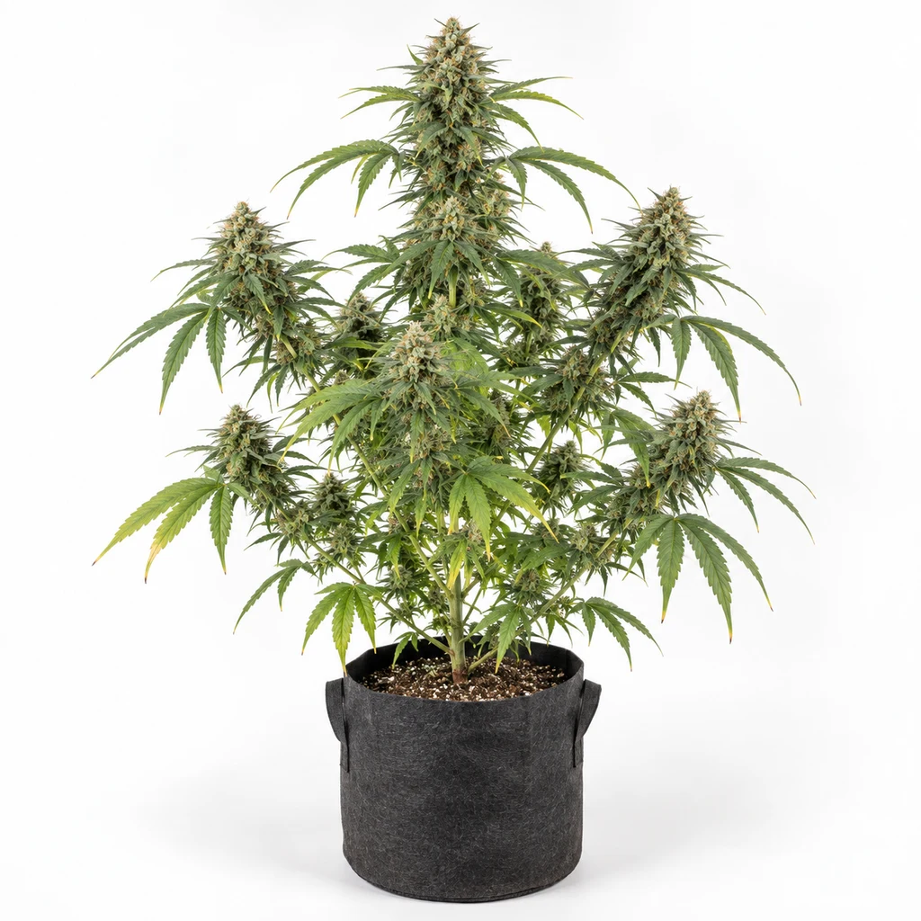 Ilustración de una planta con cogollo central alto y ramas laterales en maceta negra para la ficha de Tijuana Feminizada de Blimburn Seeds.
