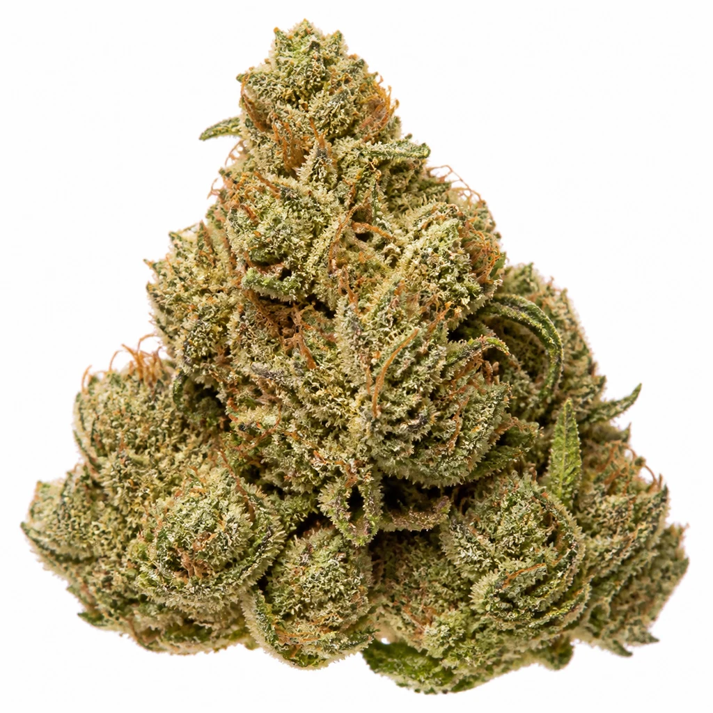 Ilustración de un cogollo verde con pistilos anaranjados y superficie resinosa para la ficha de Auto Amnesia XXL – Advanced Seeds.