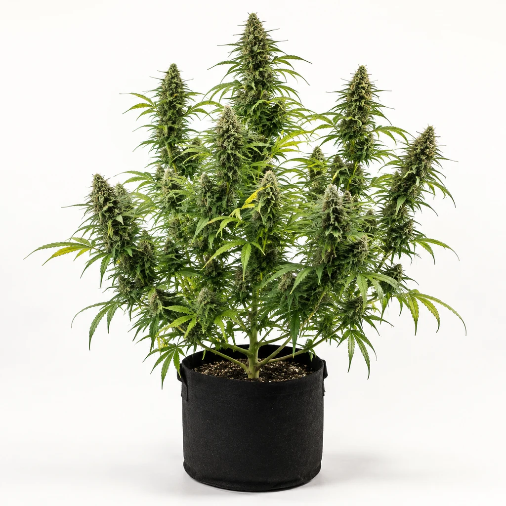 Ilustración de una planta de cannabis con ramas altas cargadas de cogollos en maceta negra para la ficha de Auto Amnesia XXL.