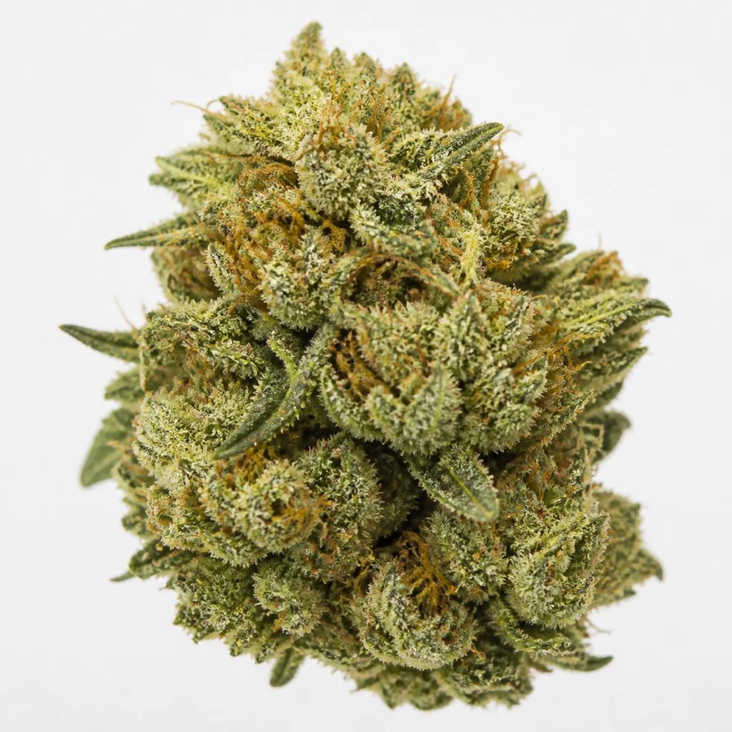 Ilustración de un cogollo verde con tricomas claros y filamentos anaranjados para la ficha de San Fernando Lemon Kush® Feminizada.