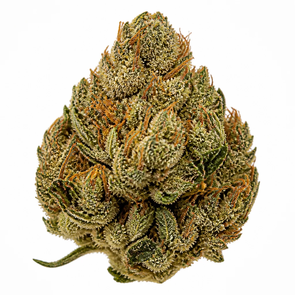 Ilustración de un cogollo verde con pelos anaranjados y superficie cristalina para la ficha de Auto Malawi x Northern Lights – ACE Seeds.