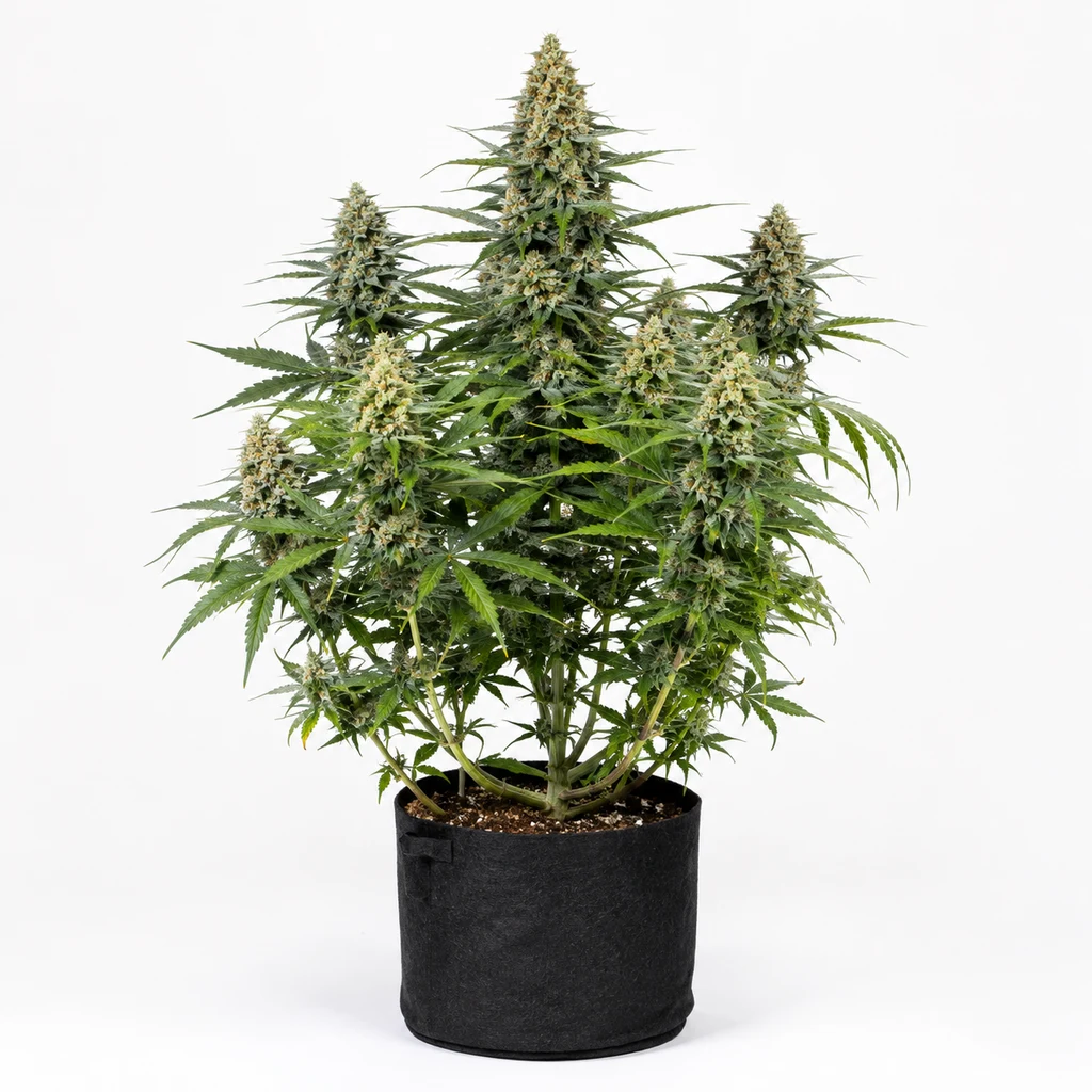 Ilustración de una planta de cannabis con cogollos y maceta negra para la ficha de Auto Ghost OG de Original Sensible Seeds.