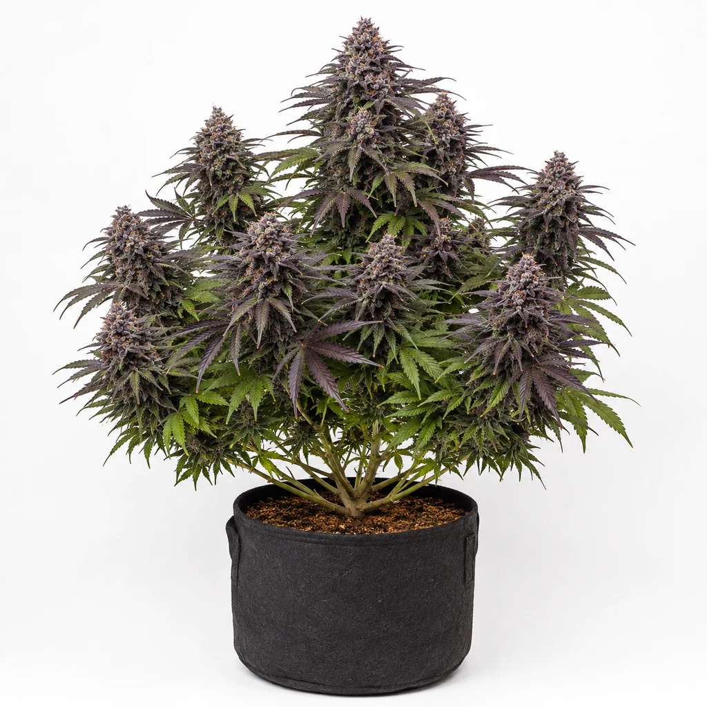 Ilustración de una planta en floración para la ficha de Critical Daddy Purple, con cogollos morados y hojas verdes en maceta negra.