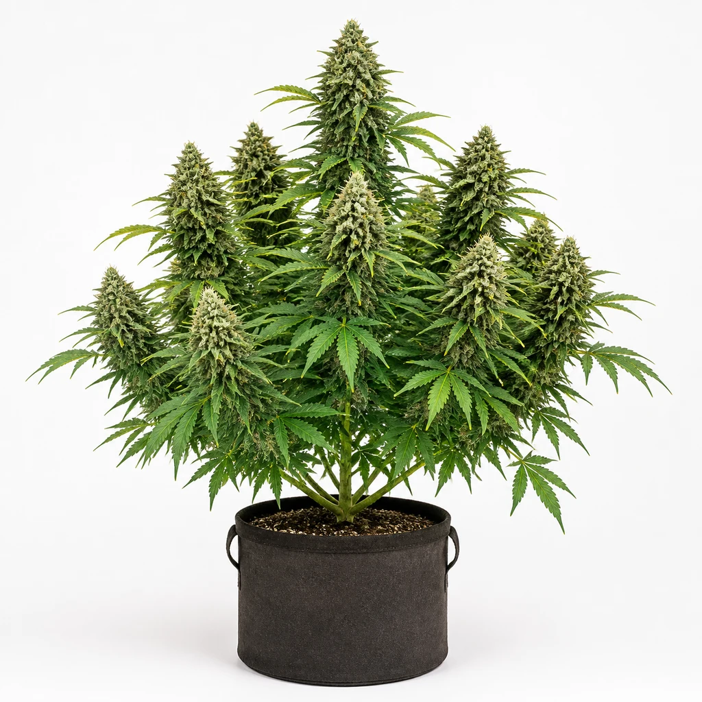 Ilustración de una planta en floración en maceta negra, con varias colas de cogollos, para la ficha de Lemon OG Candy.