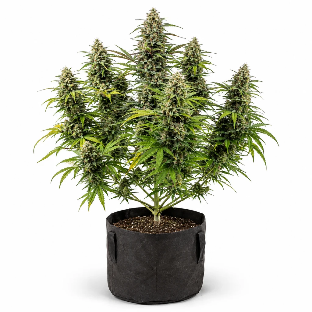 Ilustración de una planta de cannabis en floración en maceta negra para la ficha de Pure Power Plant Feminizada, con varias ramas floridas.