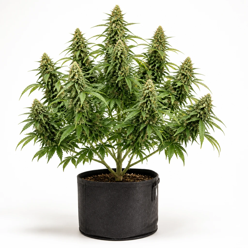 Ilustración de una planta de cannabis en floración, en maceta negra, para la ficha de French Cookies Feminizada de TH Seeds.