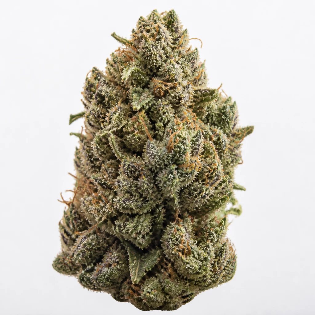 Ilustración de un cogollo para la ficha de Stardawg Auto de Fast Buds, con tonos verdes, filamentos anaranjados y superficie blanquecina.