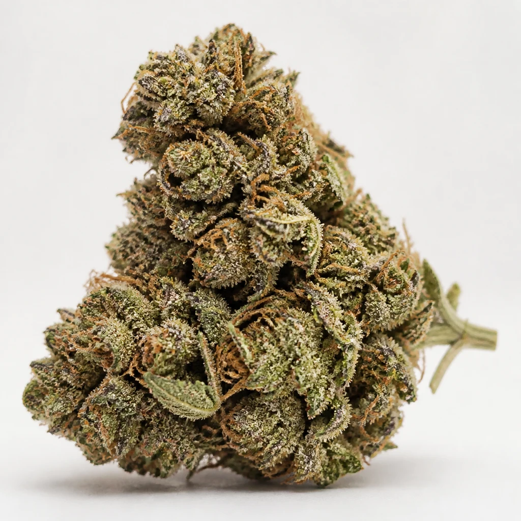 Ilustración de un cogollo para la ficha de Jack Herer Feminizada, con hojas verdes, tonos oscuros y un tallo lateral sobre fondo claro.