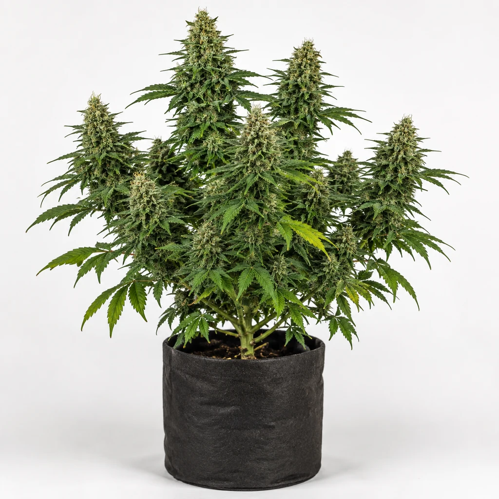 Ilustración de una planta con varias ramas cargadas de cogollos en maceta negra de tela, para la ficha de CBD Time Feminizada.