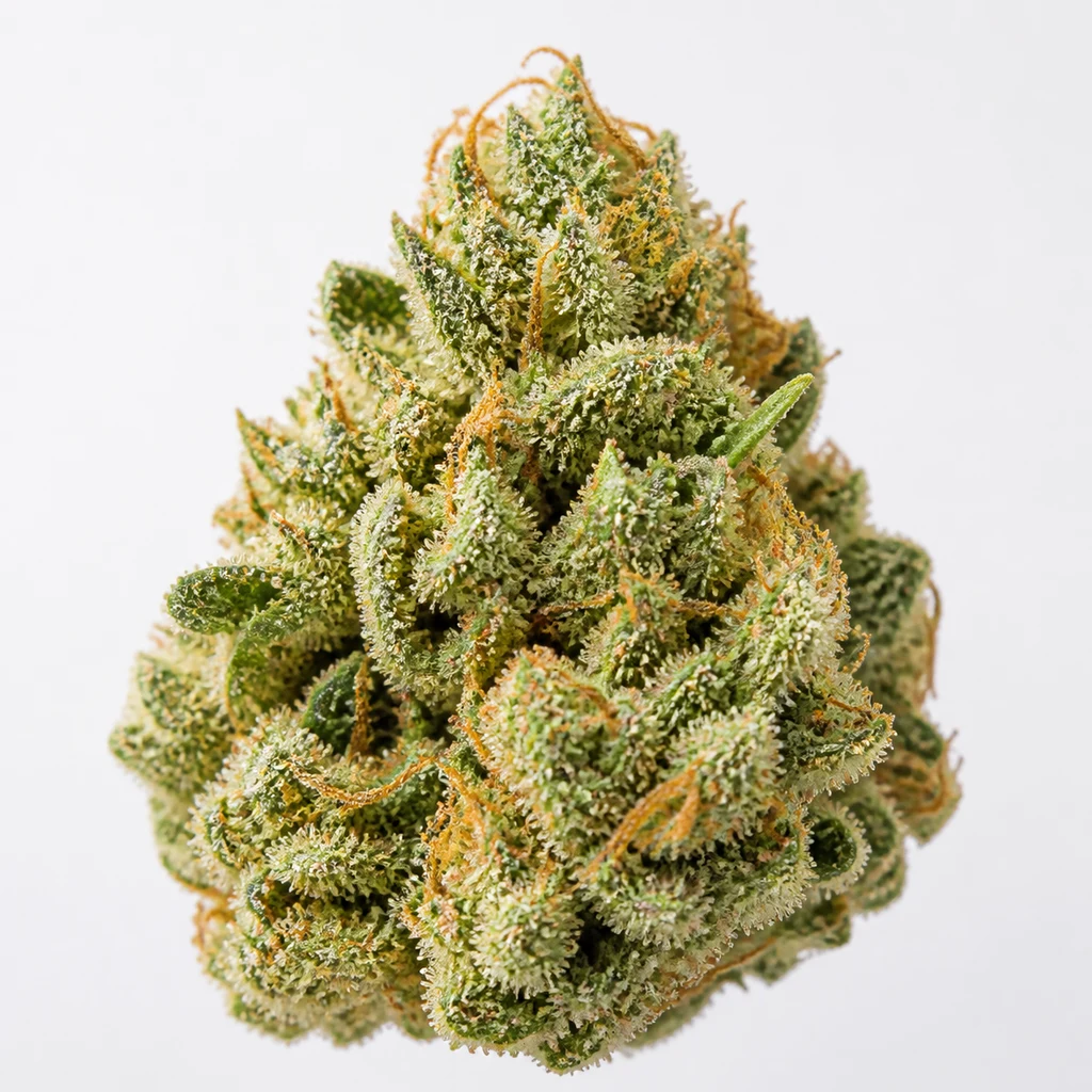 Ilustración de un cogollo verde con filamentos anaranjados y superficie blanquecina para la ficha de Sweet Amnesia Haze Feminizada.