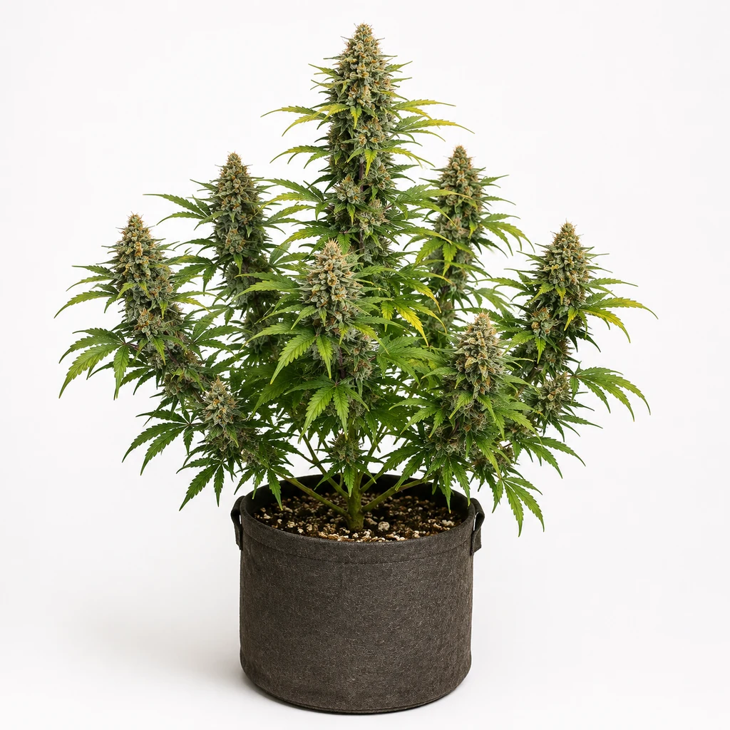 Ilustración de una planta en floración para la ficha de CBD Nepal Gold Feminizada, con cogollo central alto y maceta de tela oscura.