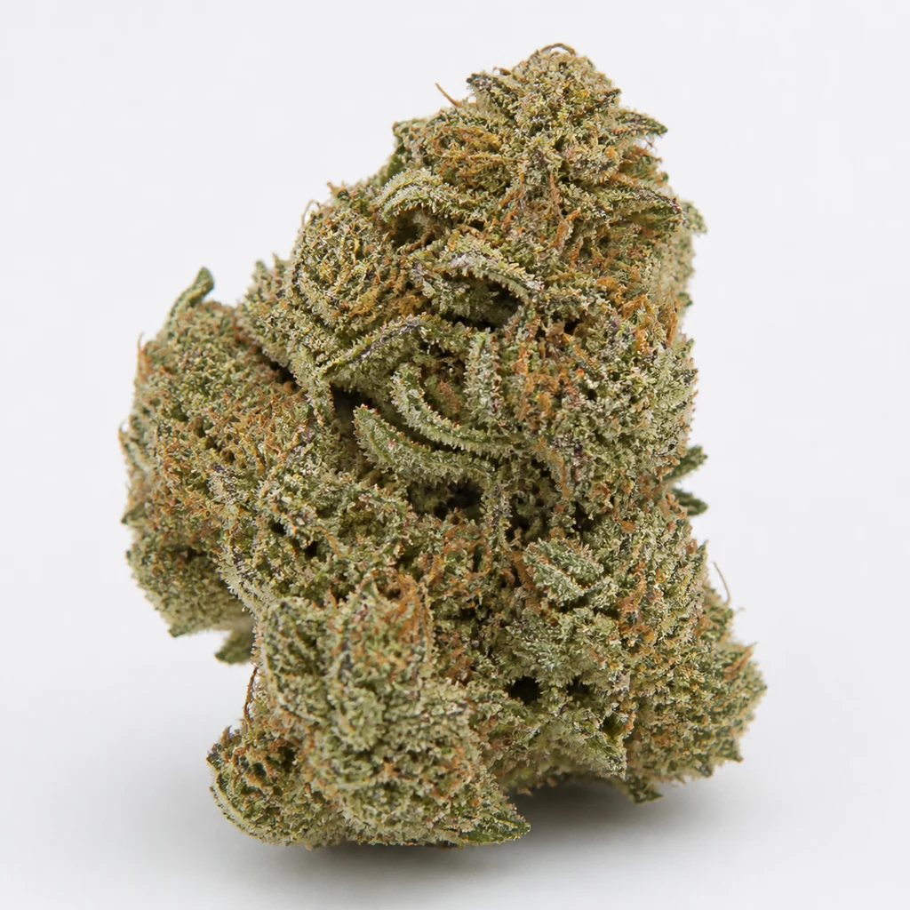 Ilustración de un cogollo verde con filamentos anaranjados y superficie blanquecina para la ficha de Bubba Island Kush Feminizada de Dutch Passion.
