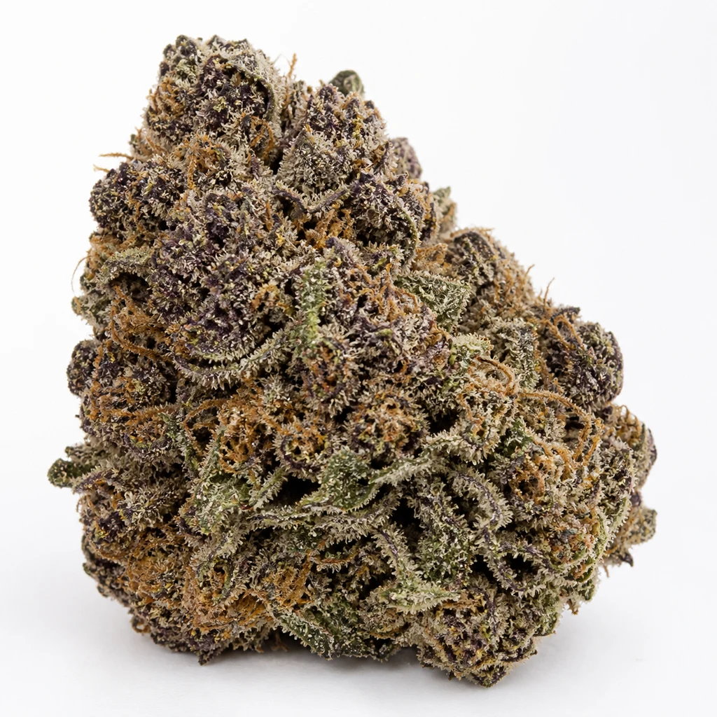 Ilustración de un cogollo compacto con tonos verdes y morados y filamentos anaranjados para la ficha de Critical Purple Kush Feminizada.