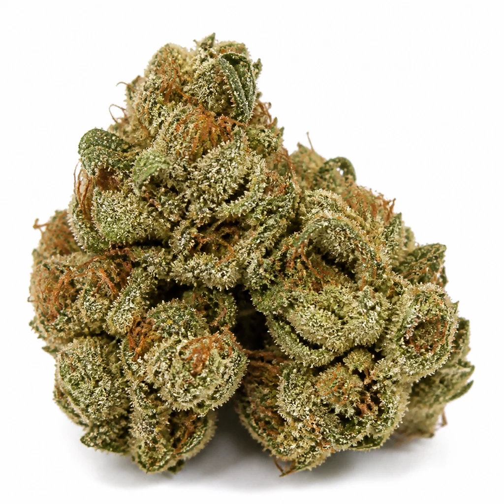 Ilustración de un cogollo verde con pistilos anaranjados y abundante cobertura blanquecina para la ficha de Panama X Bangi Haze.