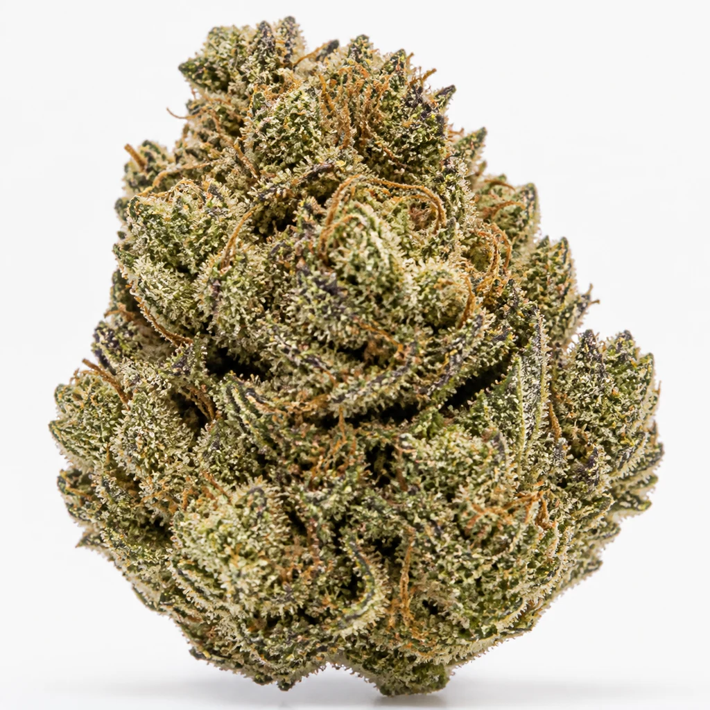 Ilustración de un cogollo verde con pistilos anaranjados y matices morados para la ficha de Green Gelato Feminizada de Royal Queen Seeds.