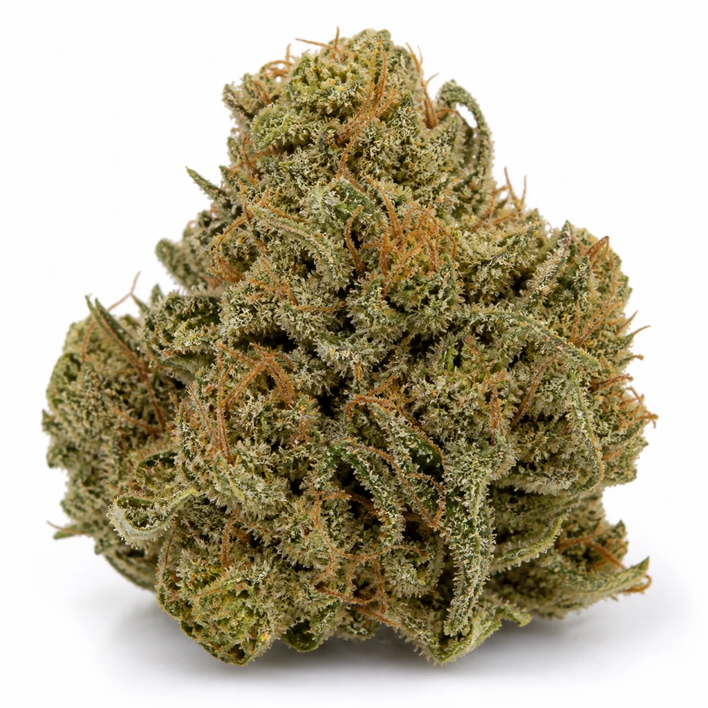 Ilustración de un cogollo verde de forma cónica, con hojas curvas y filamentos naranjas, para la ficha de Californian Gold Feminizada.