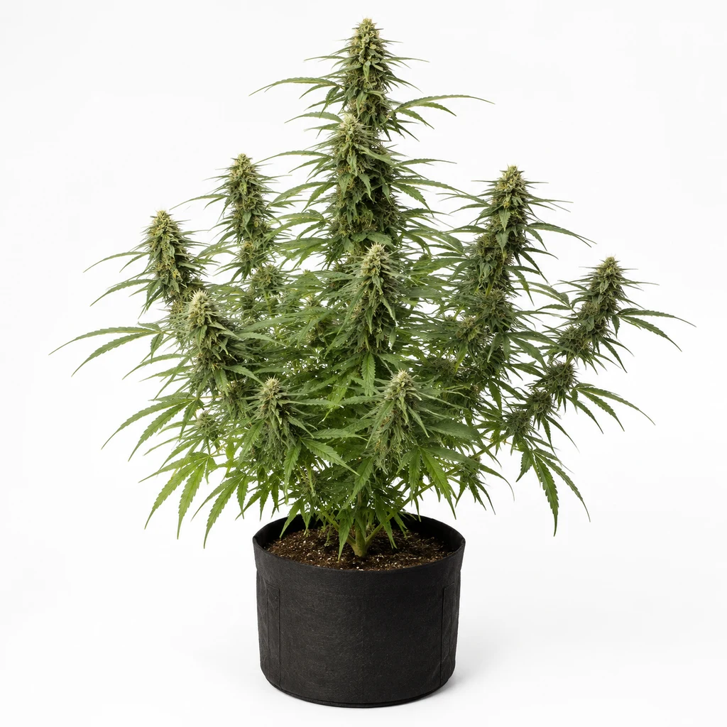 Ilustración de una planta en floración en maceta negra, con varias ramas y cogollos, para la ficha de Auto CBD Charlotte's Angel.